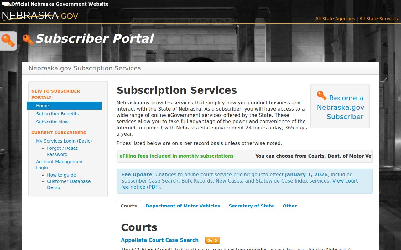 Logan County docket search Nebraska.gov subscriber case search fee information