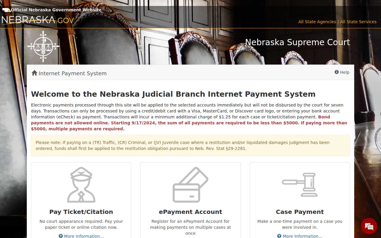 Logan County traffic court records Nebraska ePayments landing choices